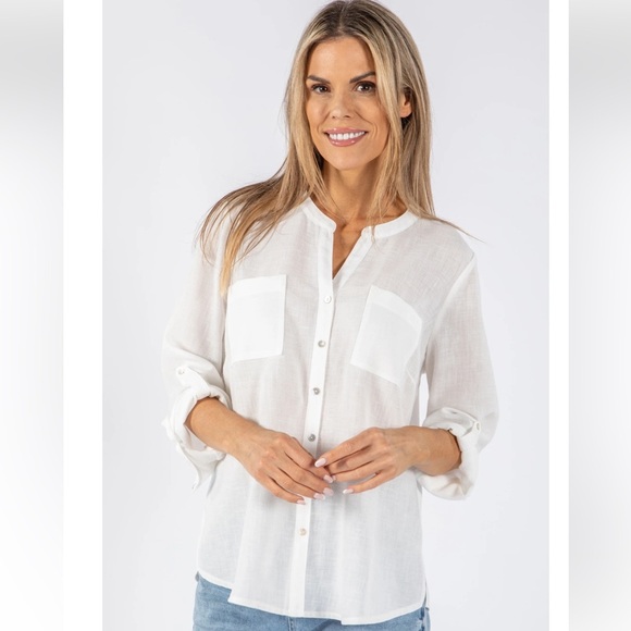 Zara 100% Linen White Split V Roll Tab Sleeve Button Front Shirt Beachy Size M - Picture 1 of 16